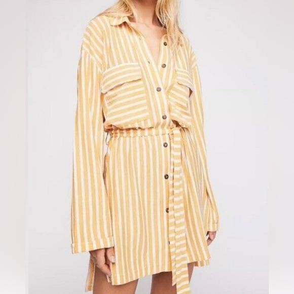 Free People Beach Striped Belted Shirt Dress - Picture 1 of 9